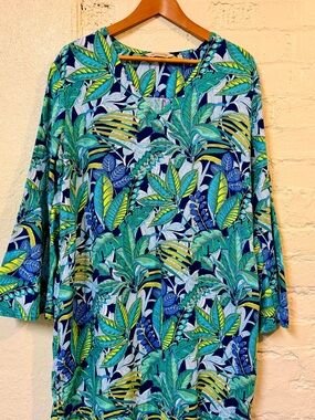 Soft Surroundings Tropical Leaf Print Long Sleeve Dress in Navy, Teal, Lime